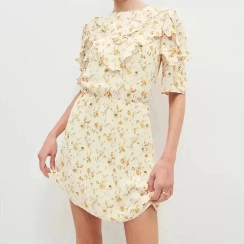 NWT Reformation Malachi Floral Ruffle Mini Dress in Cream Yellow Julius Size 6